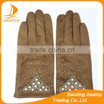 new 2016 womans suede smart phone hand gloves with fake diamonds