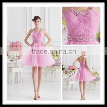 Elegant Halter Sexy A-line Beaded Pleated Pink Tulle Sash Short Mini Homecoming Dresses xyy07-082