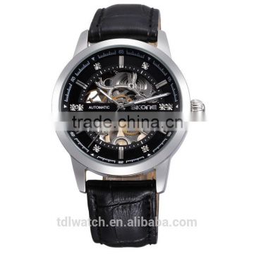 New Design Genuine Leather Black Skeleton Watches