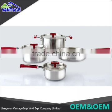 Wholesale silicone handle and knob exterior and interior in satin polished stainless steel cook pan