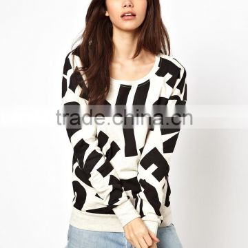 China wholesale high quality cheap ribbed trim printed women sweatshirt