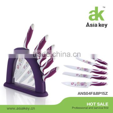 Flower coated non-stick knife set in plastic stand