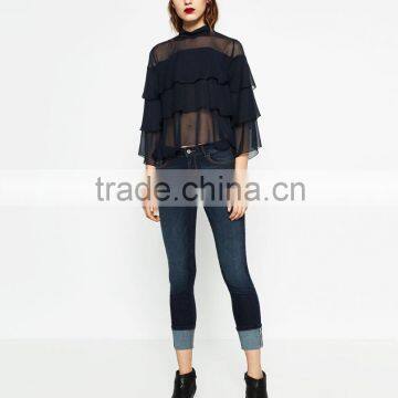 2016 Latest Design Layered Flare Sleeve sexy blouse tops Korean Ladies tops