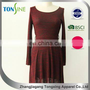 Women's Wine red Long sleeved waist dress