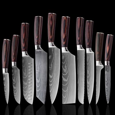 10pcs Japanese chef kitchen knives set with Damascus pattern and sheath covers Professional High Carbon Stainless Steel knife sets for Vegetable Meat Fruit Cutting