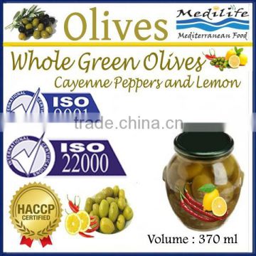 Green Olives with Cayenne Peppers and Lemon, High Quality 100% Tunisian Table Olives,Table Olives with Cayenne Peppers and Lemon