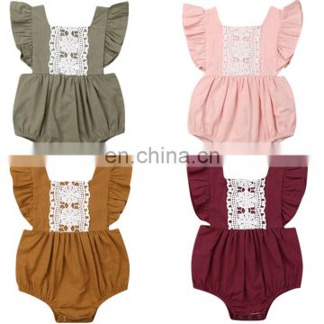 Kids Baby Girl Solid Summer Clothes Lace Romper Backless Button Jumpsuit Outfits Baby Clothing