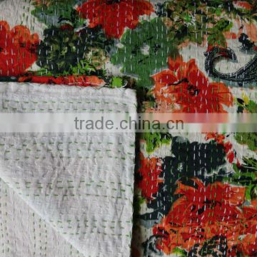 Handmade Kantha Quilt,Cotton Quilt India,Handstiched Floral Kantha Bedspread