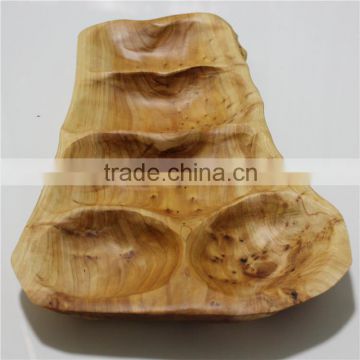 Fast Food Dish Handly Carved Wooden Root Large Compartment Platter