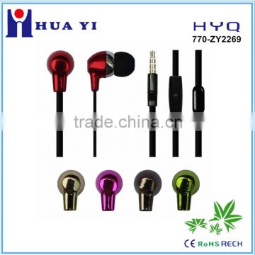 new arrive, high quality cheap flat cable metalic glossy earphone with mic and volume control for phone, PC