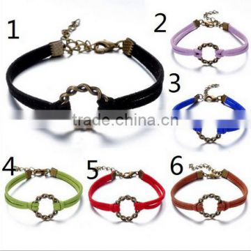 antique brass circle charm suede cord bracelets unique twist circle charms leather bracelets for couple gifts