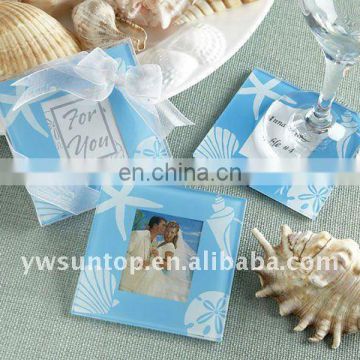 blue glass wedding photo frame square coaster return gift