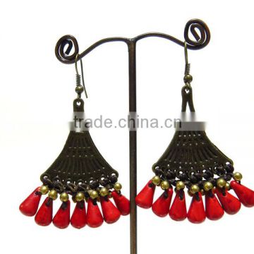 0004 HANDMADE JEWELRY Set Dangle Red Coral STONE Brass Stitch Beaded Woven Earrings from THAILAND
