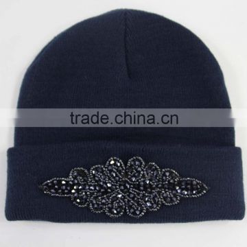 Wholesale cheap custom acrylic knitted cap and hat with diamonds