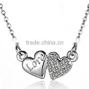 New design double hearts crystal necklace broken heart chain necklace