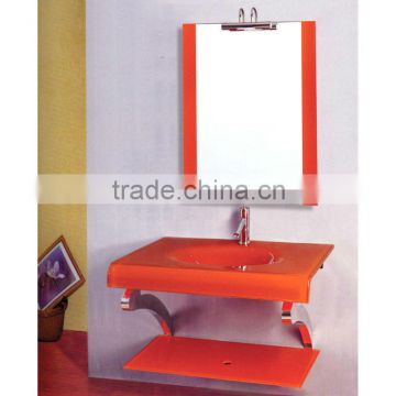 High Quality Tempered Glass Cloakroom Vanity, Orange Color Glass with Stainless Steel Holder