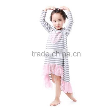2016 New Fashion Children Frocks Designs Gray White Stripe Long Cotton Girls Dress With Lace
