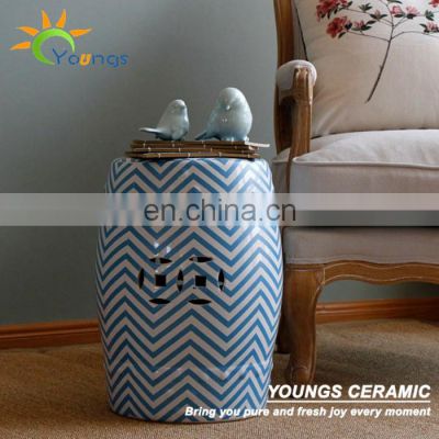 European style blue black stripes design ceramic stool side tables for living room