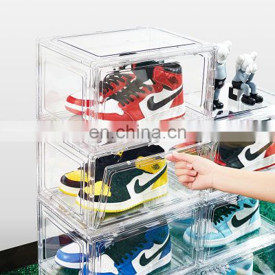 Luxury Folding Plastic Nike Shoe Box Drop Side Door Transparent Acrylic Shoe Case Storage Box Organizer Custom Magnetic Shoe Box