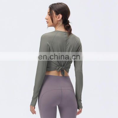Custom Logo Loose Yoga Tee Solid Color Long Sleeves T-shirt Women Outdoor Fitness Sportswear Gym Top