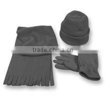 polar fleece scarf, gloves, hat
