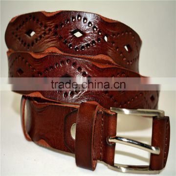 100% genuine cowhide leather pin buckle geometry pattern design for wemen belts