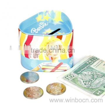 Heart-shaped cartoon tin kids money box coin bank