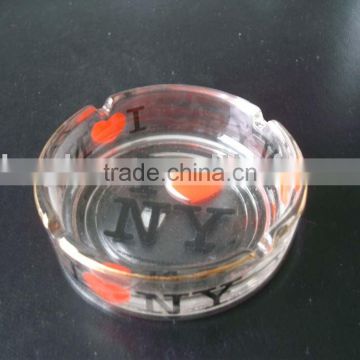 pressed glass ashtray,clear round ashtray with decal,glassware
