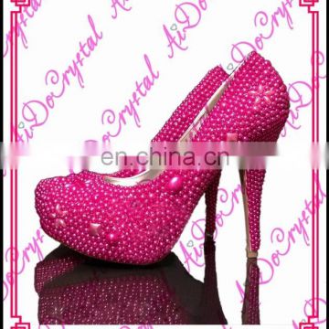 Aidocrystal Fushcia clear crystal wedding shoes Luxury pink Pearls shoes high heels