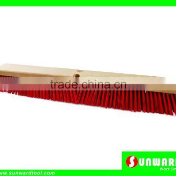 Heavy Duty Floor Sweeping Wooden Broom with Double Handle Holes,Red Medium Poly