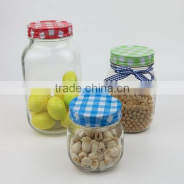 Embossed 3 Sizes Glass Mason Jar with Checkered Lid