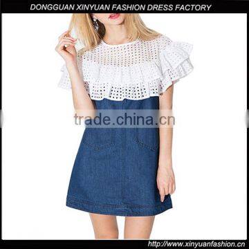 New Latest Girls Sweet Ruffle Mesh Casual Denim Mini Dress Women Patchwork Designs For Dresses