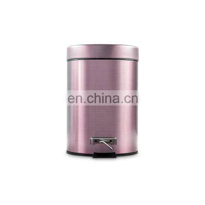 Modern new design household 3L stainless round shape pedal bin with soft closing and rose gold color waste bin