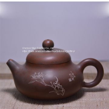 Flower Hand Carving Tea Pot With Ceramic Side Handle
