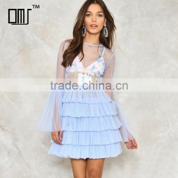 Violet blue sheer tulle layered dresses with embroidery bell sleeve women dress