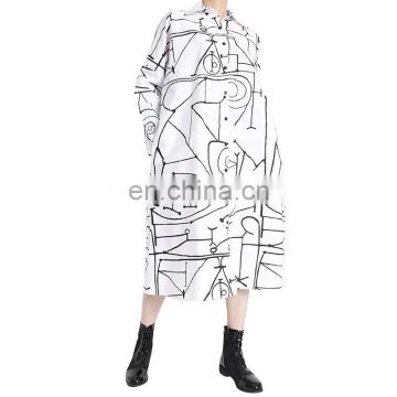 TWOTWINSTYLE  Dress For Women Lapel Collar Long Sleeve Oversize Casual Midi Hit Color graffiti