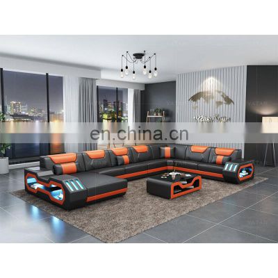 modern XL orange black leather living room sofa sectional couch with led lights