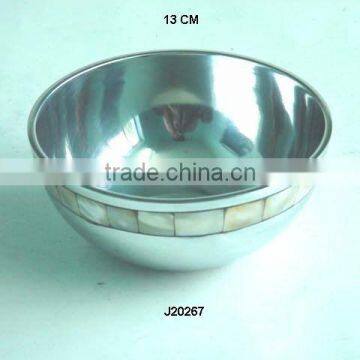 Mirror polished Round Cast aluminium round Bowl with one line mosaic of mother of pearl on outside