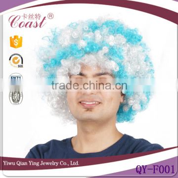world cup football sports cheap wholesale white and blue synthetic fan hair wigs