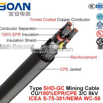 Type Shd-Gc mining cable Cu/Epr/CPE 3core 8kv ICEA S-75-381/NEMA WC-58