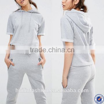 wholesale track suits for women rolled short sleeve hoodie and jogger pant plain tracksuit
