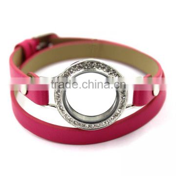 with magnetic clasp floating glass charm rose PU bracelet