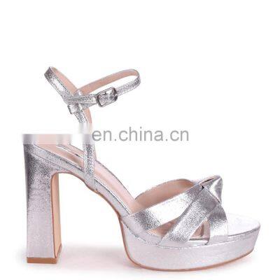 women Silver crinkle high heel platform with knot front straps & sandals back shoe