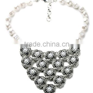 Latest Designer Full Round Pearl Statement Necklace, Rhinestone Pearl Jeweled Flower Petals Necklace
