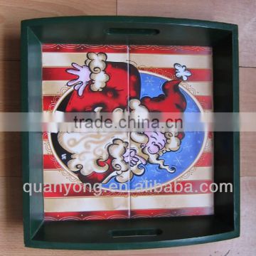 Wooden tray with ceramic tiles