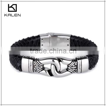 2015 spring trendy leather bracelet jewelry with stainless steel bracelet clasp