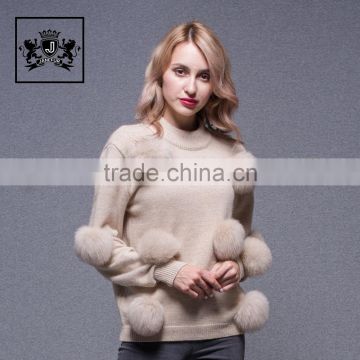 Beautiful made korean woollen cashmere sweater for ladies with fox fur pom pom