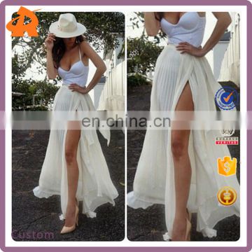 2017 wholesale women's latest stylish elegant chiffon skirt design white slim pleated split long maxi skirt