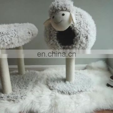 Cute animal sheep shape plush cat winter house cat climbing frame tree with cat nest scratching post