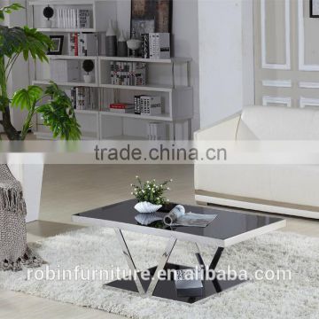 LIving room RB-1312 Modern black stoving varnish rectangular tempered glass coffee table with stainless steel tea table